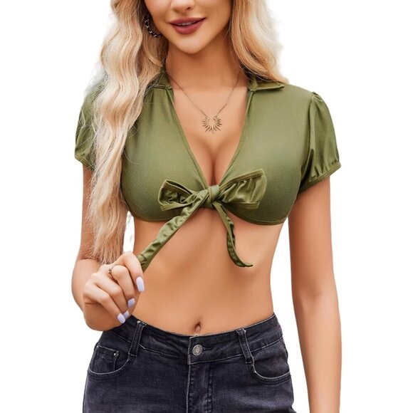 ❤️Women Green Sexy Top Tie Front Shirts Short Sleeve Cardigan Shrug Deep V Neck - Picture 2 of 6